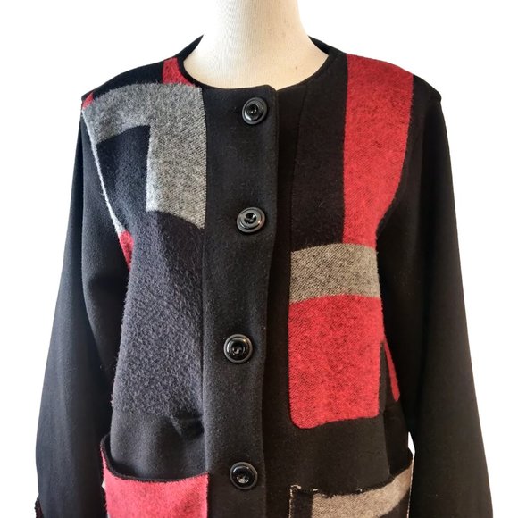 Saga Womens L? Made Italy Black Red Gray Colorblock Button Pockets Coat Jacket - Picture 4 of 10